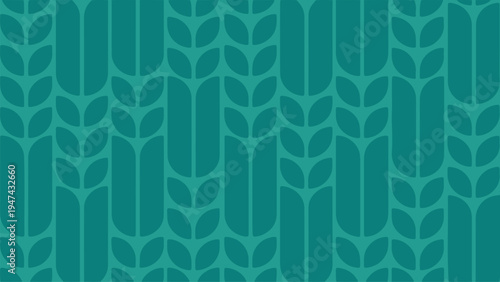 Teal background features a repeating pattern of leaves and stems.