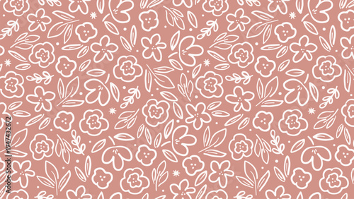 A beautiful floral pattern with white flowers and leaves on a pink background.