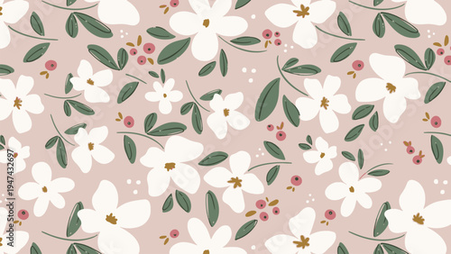 Illustration of White Flowers and Leaves on a Soft Pink Background with Green Foliage
