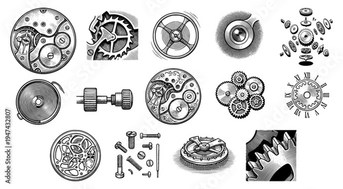 Set of vintage clockwork and watch mechanism illustrations. Hand-drawn sketches of gears, cogs, springs, and internal metal parts. Retro industrial engineering graphics on white background.