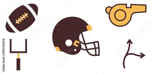 Brown gold American football icons set with helmet leather ball yellow whistle goal post and field play diagram strategy