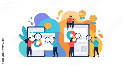 Colorful illustration of people analyzing data on large mobile devices and computer screens on World Consumer Rights Day, focusing on online transactions and e-commerce security.