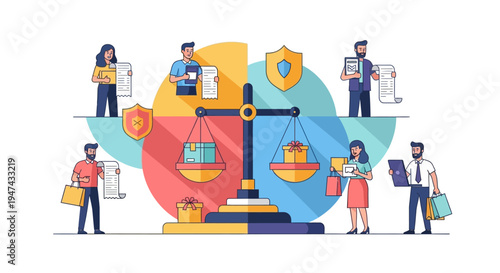 Colorful illustration of people engaging in online shopping and transactions on World Consumer Rights Day with a focus on transaction security and ecommerce.