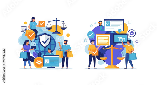 Colorful vector illustration of people engaging in online transactions and e commerce on World Consumer Rights Day with a focus on transaction security and credit card payment.