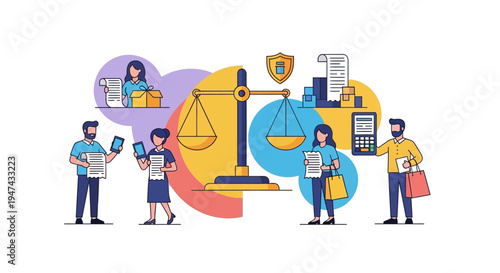Colorful vector illustration of people engaging in online transactions and shopping on World Consumer Rights Day with a focus on transaction security and e-commerce.