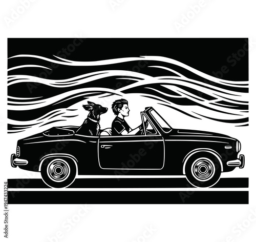 Man driving vintage convertible with dog. High-contrast black and white linocut style illustration. Retro road trip adventure with pet. Bold graphic art of classic car and speed lines.