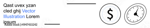 Business strategy, financial management, productivity optimization, time tracking, economic value, work efficiency. Dollar sign and clock icons side by side. Financial management and productivity