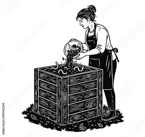 Woman composting food scraps in a garden bin. High-contrast black and white linocut style illustration. Eco-friendly organic waste management and sustainable gardening concept art.