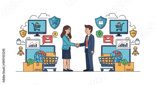Illustration of a man and woman shaking hands over a secure online transaction with colorful icons and symbols surrounding them on a white background, representing World Consumer Rights Day.