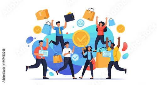 Colorful illustration of diverse people celebrating World Consumer Rights Day with online shopping and transaction security elements in a lively, vector design.