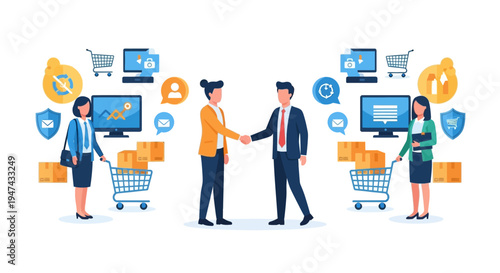 A colorful vector illustration of people engaging in online transactions and e-commerce activities on World Consumer Rights Day with a focus on transaction security and consumer rights.