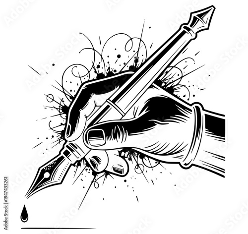 Hand drawing with fountain pen and ink splatter. High-contrast black and white linocut style illustration. Creative writing, calligraphy, and artistic sketching concept for vintage branding.