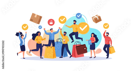Colorful illustration of people celebrating World Consumer Rights Day with online shopping and secure transactions, surrounded by icons and bags.