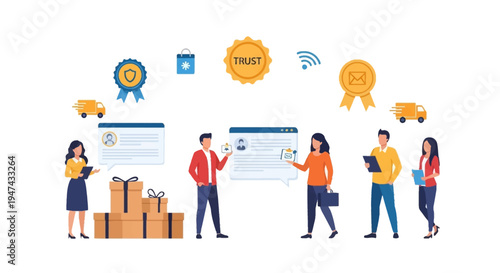 A colorful vector illustration of people engaging in online shopping and transactions on World Consumer Rights Day with a focus on e-commerce and secure card payments.