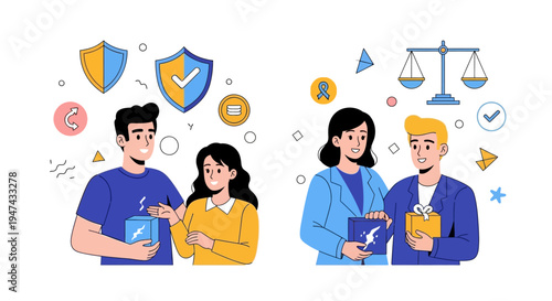 A colorful vector illustration of people holding cards and documents on World Consumer Rights Day, symbolizing online transaction security and e-commerce with a focus on consumer rights and