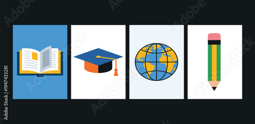 Collection of educational icons representing knowledge, graduation, global learning, and writing essentials