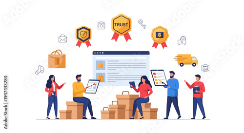 Colorful vector illustration of people engaging in online shopping and transaction activities on World Consumer Rights Day with a focus on e-commerce and secure card payments.