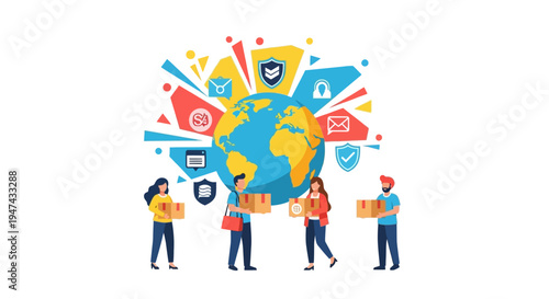 Colorful vector illustration of people celebrating World Consumer Rights Day with online shopping and transaction security icons surrounding the globe.
