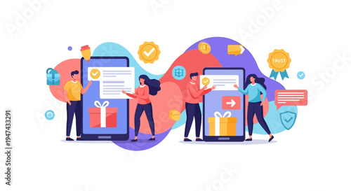 Colorful vector illustration of people engaging in online shopping and transactions on mobile devices with secure payment and transaction security icons on World Consumer Rights Day.