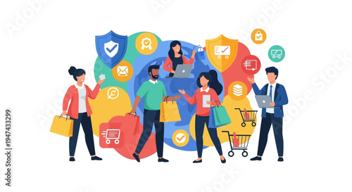Colorful vector illustration of people engaging in online shopping and transactions on World Consumer Rights Day with a focus on e-commerce and secure card payments.