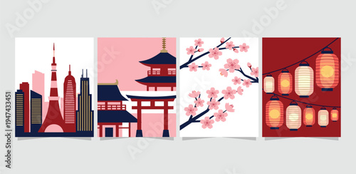 Japanese Cityscapes and Cultural Icons, a Collection of Iconic Symbols and Sceneries of Japan