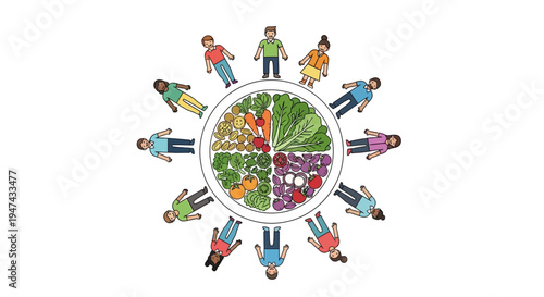 Illustration of diverse people around a colorful plate of fruits and vegetables promoting healthy eating awareness for National Nutrition Month and a balanced diet campaign