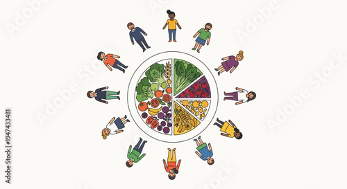 Illustration of people around a pie chart of fruits and vegetables for National Nutrition Month with a design promoting healthy eating awareness and diet campaign.