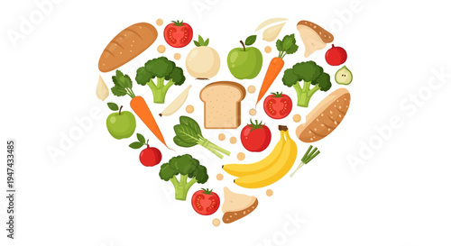Vector illustration of a heart-shaped arrangement of various fruits and vegetables, bread, and other nutritious food items for healthy eating awareness and National Nutrition Month.