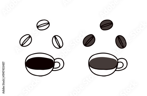 色ありと白黒のコーヒーとコーヒー豆のイラストセット