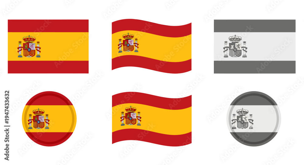 Obraz premium Flags of Spain and other country waving and circular emblems compared
