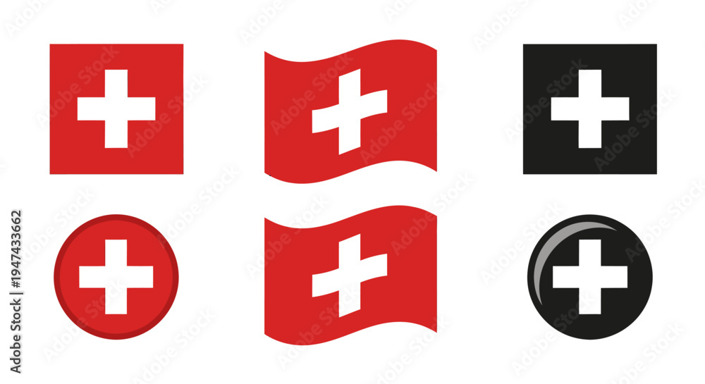 Obraz premium Flags and logos with white crosses on red and black backgrounds are shown
