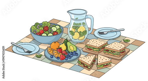 Illustration of a colorful spread of sandwiches, fruits, and salads on a checkered mat for a healthy eating awareness event or nutrition campaign.