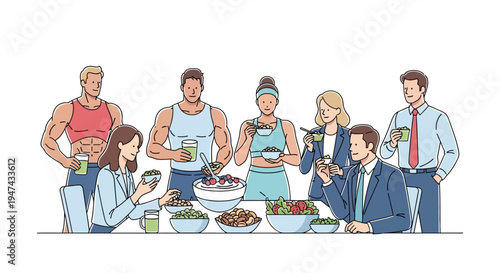 Illustration of a diverse group of people enjoying a meal with fruits and vegetables to promote healthy eating awareness on National Nutrition Month.
