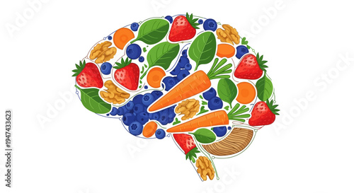 Vector illustration of a brain composed of fruits and vegetables for a National Nutrition Month campaign promoting healthy eating awareness and nutritious food on a white background.