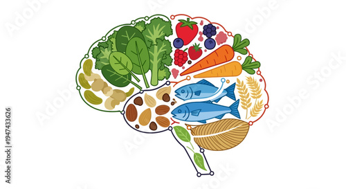 Vector illustration of a brain composed of various healthy foods for National Nutrition Month, promoting nutritious eating and healthy awareness.