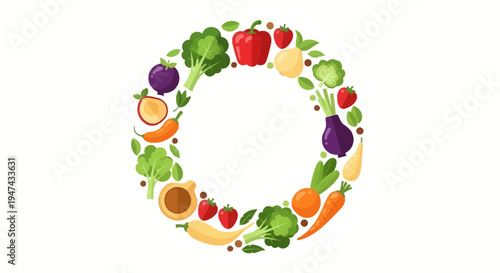 Vector illustration of a colorful fruit and vegetable wreath for National Nutrition Month or healthy eating awareness with a vibrant design