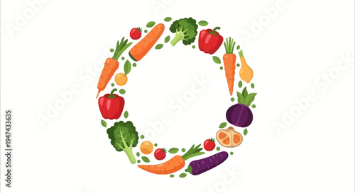 Vector illustration of a colorful circular design featuring various fruits and vegetables for healthy eating awareness and nutrition campaigns.