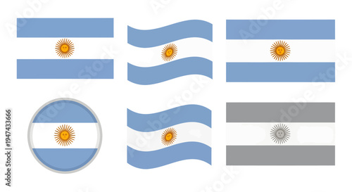 The Argentine flag is waving in various styles and orientations on a white background with blue, white, and gold colors.