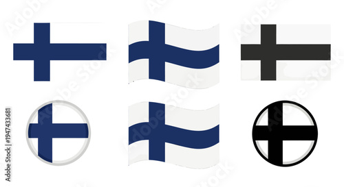The Finnish flag is waving in various styles and designs on a white background with symbols