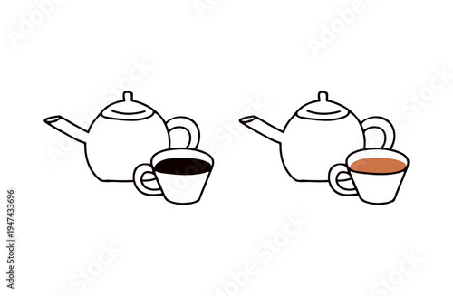 色ありと白黒のポットと紅茶のイラストセット