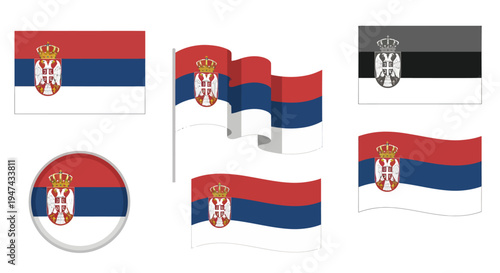 Serbian flags wave in various positions and shapes on white background