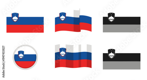 Flags of Slovenia waving in various directions and formats on white