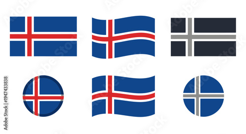 Flags of Iceland waving in various styles and shapes on white