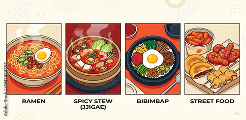 A vibrant collection of traditional Korean dishes, showcasing popular ramen, spicy stews, bibimbap, and diverse street food options in colorful vector illustrations