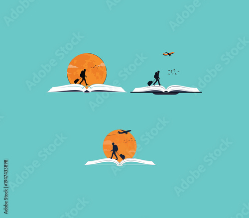 Creative travel concept vector set featuring silhouettes of travelers walking on open books with sun and airplane elements