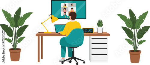 Freelance professional man working at home office desk with laptop and monitor during video conference call vector illustration