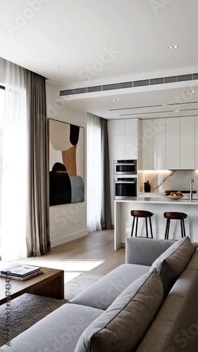 Modern open plan living room kitchen interior with abstract art