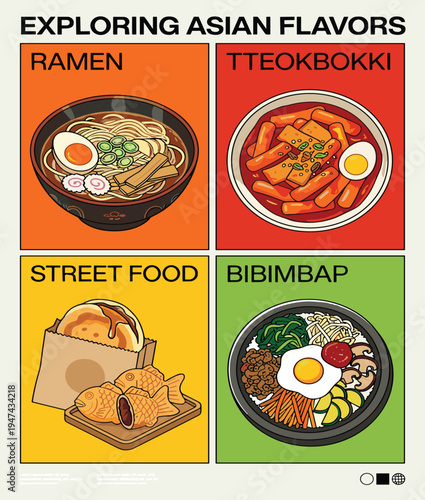 An illustrated journey through popular Asian culinary traditions, highlighting savory ramen, spicy tteokbokki, delicious bibimbap, and delightful street food specialties