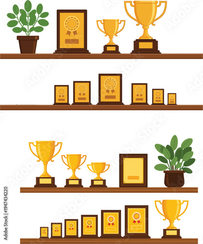 Golden trophy cup and award plaque collection on wooden shelves with green potted plants isolated on white background