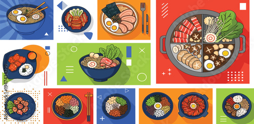 A vibrant and diverse collection of flat design vector illustrations depicting popular Asian and Japanese food dishes, perfect for culinary content and cultural design projects